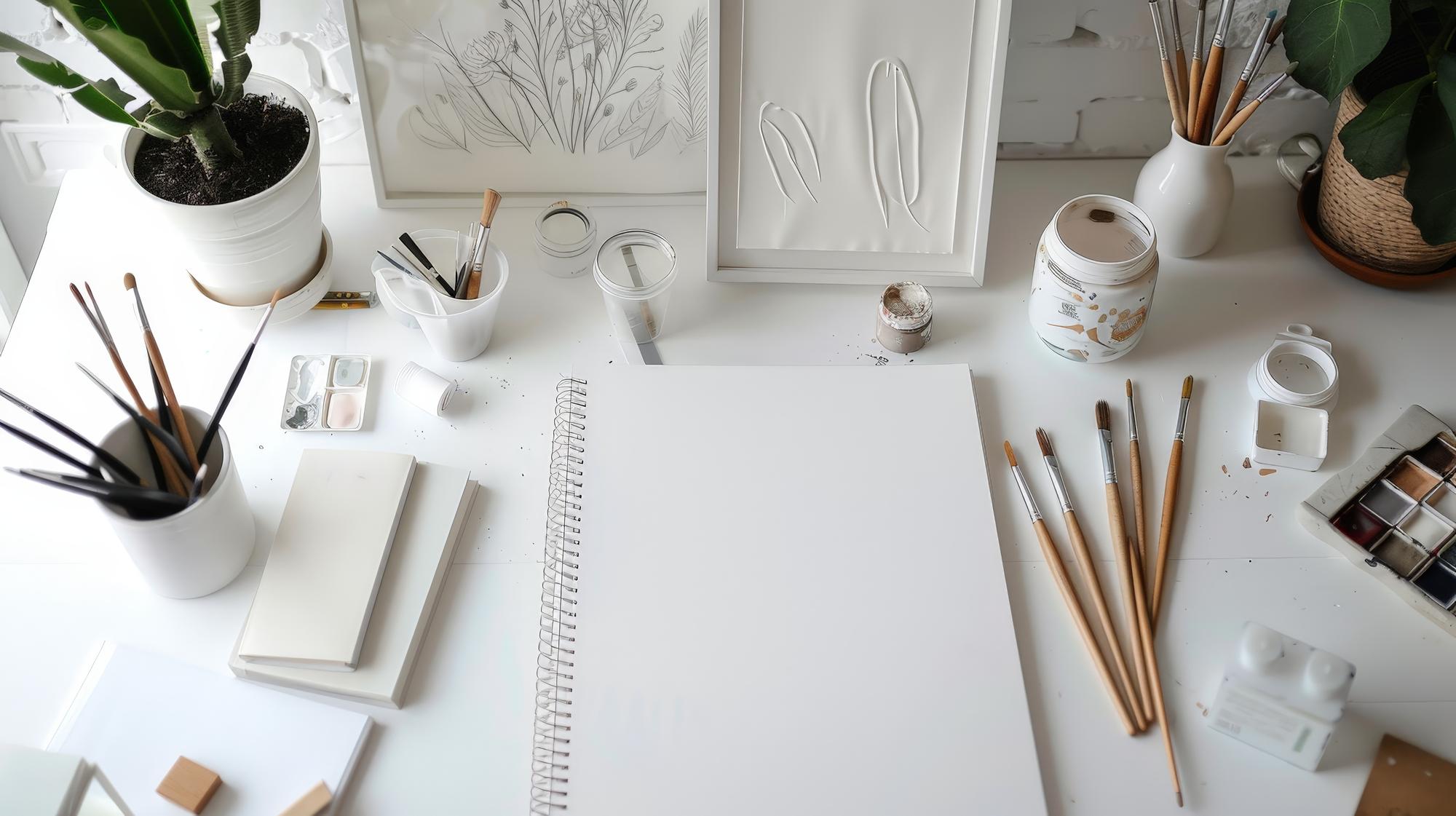 studio table with threads and sketches
